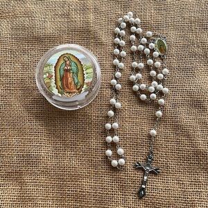White Pearl rosary New Virgin Mary Case catholic Import New with Case catholic